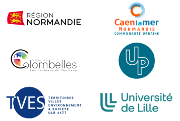 Logos des partenaires de NormanDisplay, porteurs du projet de Laboratoire des Territoires : la Région Normandie, la Communauté Urbaine de Caen-la-mer, la Ville de Colombelles, l'équipe UP du Laboratoire TVES, de l'Université de Lille.