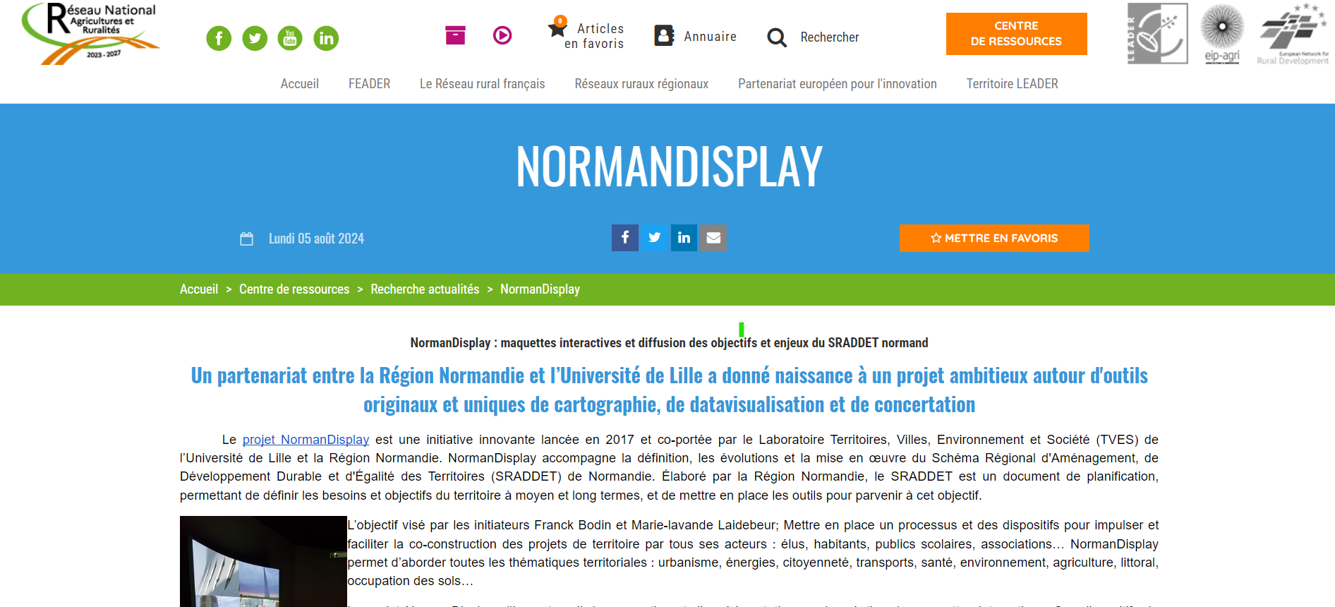 Capture d'écran de l'extrait de l'article du Ouest France sur les grands projets de Colombelles en 2022. L'extrait est le suivant : "À côté du musée numérique la Micro-Folie, « on va installer très prochainement un projet autour du territoire normand : Normandisplay, une grande maquette interactive expliquant ce qu’est la Normandie dans ses mutations, ses transitions, explique Marc Pottier. C’est un projet soutenu par Caen-la-Mer et la Région. La maquette mère sera chez nous et va tourner en Normandie. On a aussi le projet d’une maquette sur Caen-la-Mer. On a besoin d’expliquer aux habitants le monde dans lequel ils vivent. »".